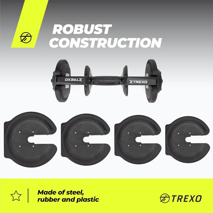 Регульована гантеля TREXO 18-40 кг з заліза для силових тренувань, зручна рукоятка, налаштування ваги обертанням