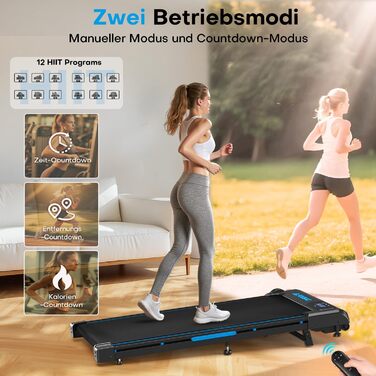 Walking Pad - біговий доріжка для дому з регулюванням нахилу до 9%, потужність 2.5HP, LED-дисплей, пульт дистанційного керування, 12 програм, подвійне амортизація, до 150 кг, чорно-блакитний