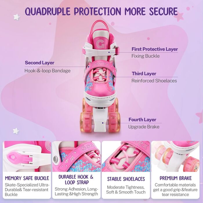 Розкладні роликові ковзани Gonex з підсвічуванням для дівчаток, хлопчиків, дітей та дорослих (B-STERN ROSA, розмір 31-34)