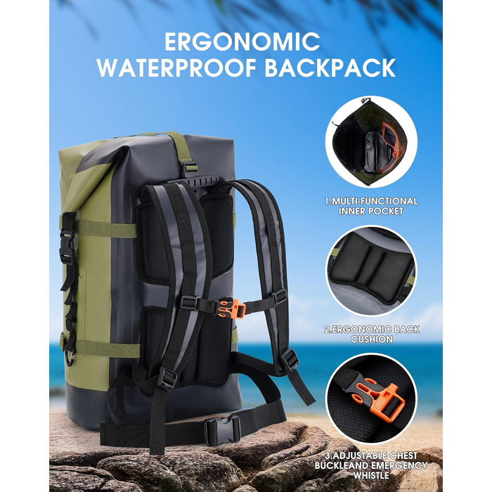 Водонепроникний рюкзак IDRYBAG 55L для подорожей, каякінгу, плавання та paddle-boarding, зелений