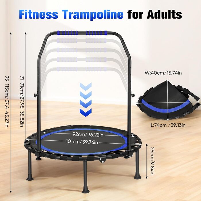 Трамплін для фітнесу в приміщенні, складаний, Ø101см, 150 кг, стабільний, тихий, блакитний