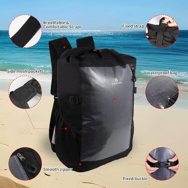 Водонепроникний рюкзак Seesack Rolltop з кишенею для телефону, 25L, для плавання, каякінгу, рафтингу, пляжу, чоловічий/жіночий (чорний)