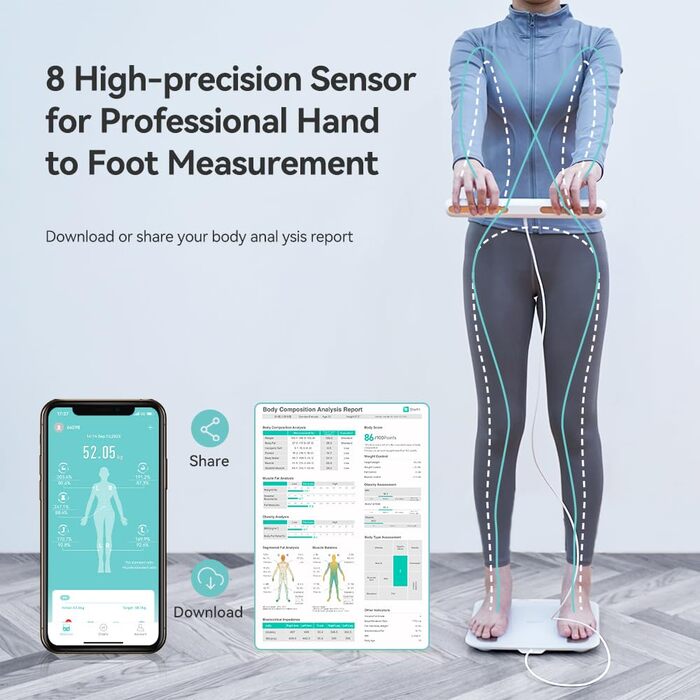 Fitdays Розумна вага для аналізу тіла - 8 електродів, точна цифрова вага BMI з Bluetooth, 20+ показників, синхронізація для 6 користувачів (FG2001B-A-біла)