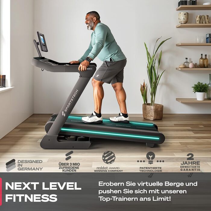 Біговий тренажер Sportstech sTread Pro/Lite – складаний, до 20 км/год, нахил 12%, вантажопідйомність 150 кг, LED-дисплей, сумісність з додатком, тихий 7PS двигун, велика бігова поверхня (sTread Pro 10.1')