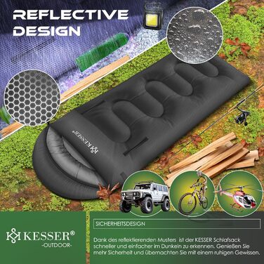 Спальний мішок KESSER® Outdoor для кемпінгу | 3-4 сезони | Підходить для дорослих та дітей | Легкий, теплий, водовідштовхуючий | З лампою та кишенею (Антрацит, 220 x 83 см)