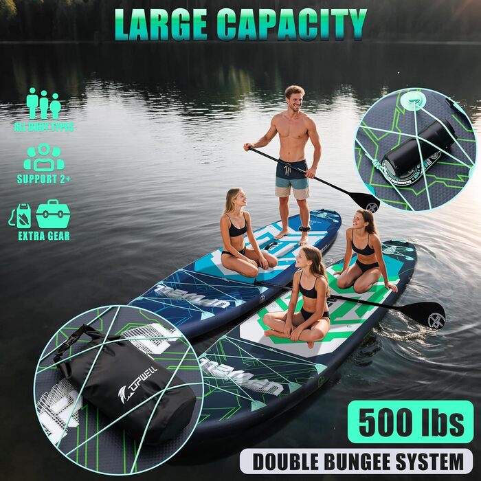 SUP дошка Upwell 350x89 см з сидінням, надувна для дорослих та підлітків, комплект (рюкзак, весло, ліш, помпа, плавники) Chipmech Green