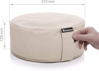 Подушка для йоги та медитації BODYMATE кругла 31 см, бежева, з гречаним лушпинням, бавовняний чохол