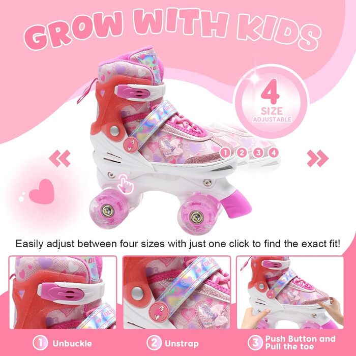 Роликові ковзани для дівчаток Rollkate Kid з блискучими сердечками та світлодіодами, регульовані 4 рази, ідеальні для початківців, подарунок на день народження або Різдво (рожеві)