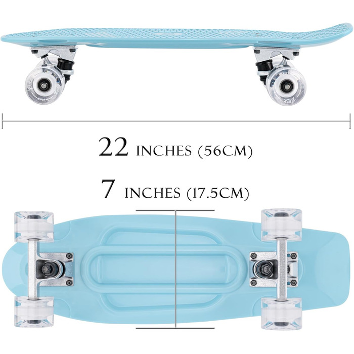 Скейтборд KMX Classic Mini Cruiser 22/27 дюймів для дітей, підлітків та дорослих. Алюмінієві осі, підшипники ABEC-9, колеса 60мм, колір Aqua Blau