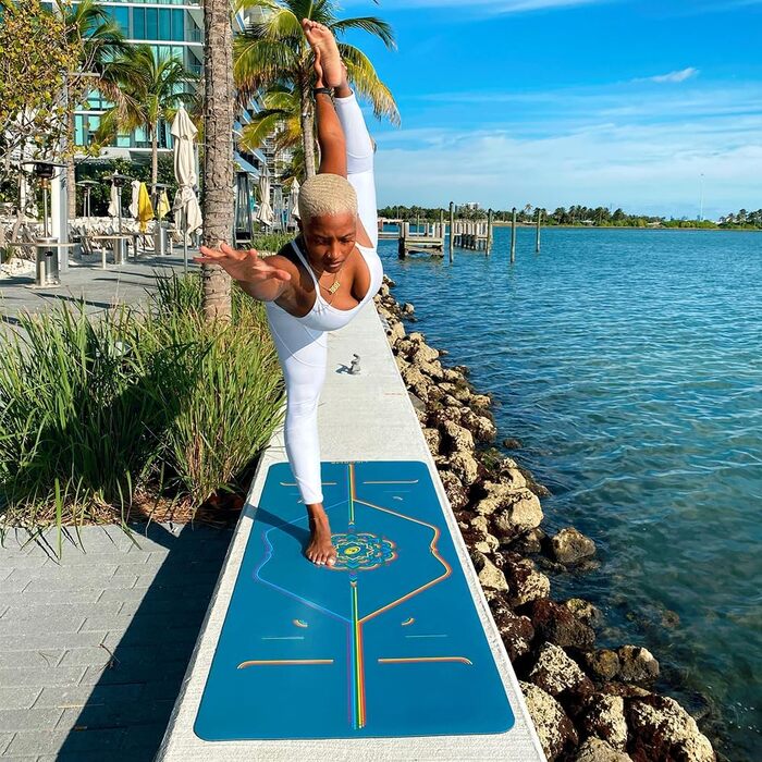 Йога мат Liforme з принтом – система вирівнювання, неслизька, екологічна, біорозкладна, стійка до поту, довга, широка та товста для комфорту, блакитна