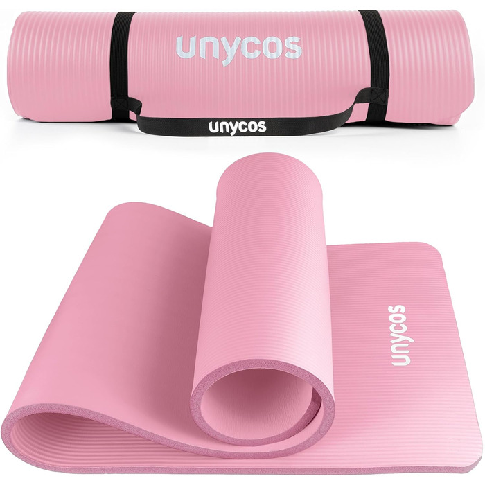 Килимок для йоги Unycos з неслизькою поверхнею | Висока щільність 6/10/15 мм, гімнастичний килимок з ременем для перенесення, інструкція (E-Book) | Дружній до шкіри фітнес-килимок для пілатесу, тренажерний зал, рожевий, 183*60*1 см