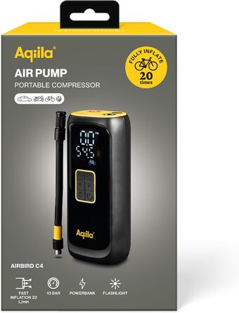 Aqiila Airbird C4 – портативний повітряний насос і високопродуктивний компресор із вбудованим акумулятором 4000 мА·год, LED-підсвіткою, швидким монтажем та автоматичним відключенням для точного та легкого накачування