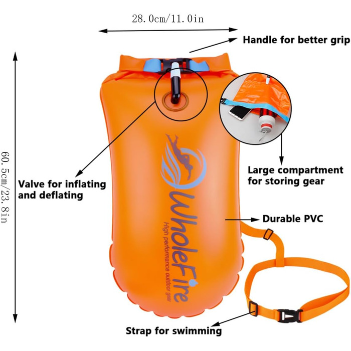 WholeFire 20L Плавуча Сумка для Спорядження, Водонепроникна, Надувна, для Водних Видів Спорту: Плавання, Триатлон, Каякінг, Снорклінг, Помаранчевий
