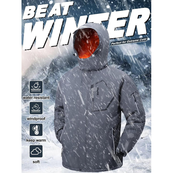 Чоловіча лижна куртка QPNGRP, водонепроникна, ізольована, зимовий пуховик, 5 кишень на блискавці, білий/оптичний сад