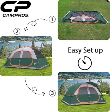 Намет сімейний CAMPROS Campingzelt 6-8 осіб, водонепроникний, 366x274x193 см, швидкозбірний, 4 сезони, з москітною сіткою та тамбуром, темно-зелений