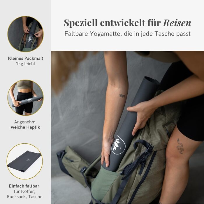 Складаний йога-килимок Lotuscrafts ARISE Travel 185x65x0,13 см, графіт, екологічний 100% натуральний каучук, легкий, тонкий, для подорожей, вироблено в Іспанії