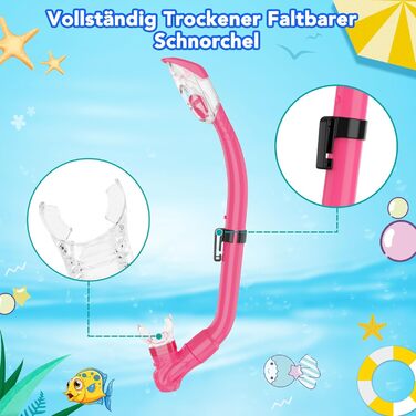 Набір для снорклінгу для дітей з ластами, маска з панорамою 180° проти запотівання, регульовані ласти, високоякісна маска для дайвінгу та сухий снорк (рожевий)