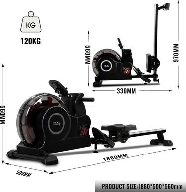 Гребний тренажер ISE для дому, складаний з 6 рівнями водної опору, LCD-дисплеєм, підтримкою APP та тримачем для планшета, з електричною водяною помпою