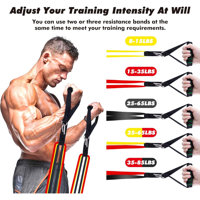 Набір еластичних стрічок для фітнесу, 3 рівні опору, з дверними фіксаторами, ручками, чохлом, сумкою та інструкцією. Стрічки для фітнесу/йоги/силових тренувань. Кольори: синій, зелений, фіолетовий, чорний, червоний, жовтий