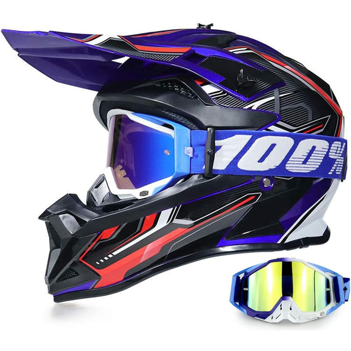 Мотошолом YASE Cross для мотокросу/ендуро/даунхілу, повний захист обличчя, з окулярами, для мопеда/ATV/MTB (чорний/синій/червоний, M (54-55 см))