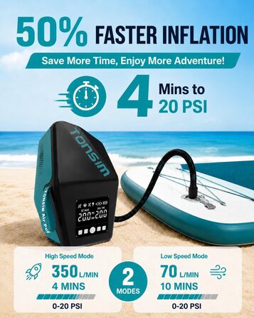 Електричний насос Tonsim Sup Pumpe 20 PSI з акумулятором для SUP-дощок, каяків, надувних човнів та кемпінгу (чорно-сірий)