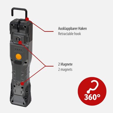 Брененштуль LED акумуляторна ручна ліхтар HL 1000 A IP54 / LED ліхтар для роботи на вулиці з COB LED (1000+200 лм, до 24 годин роботи, LED ліхтар для майстерні з магнітом та гачком, USB-C порт для заряджання)