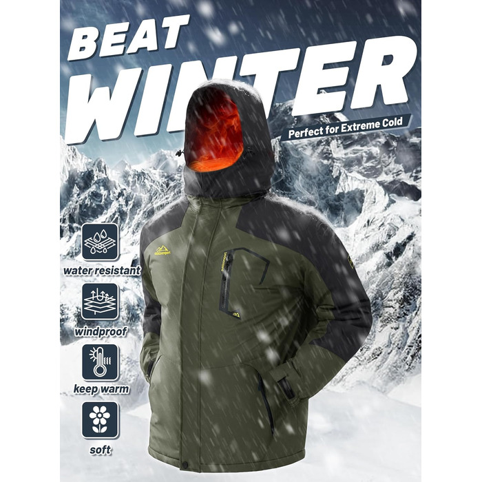 TACVASEN чоловіча зимова водонепроникна вітрозахисна куртка з флісовою підкладкою, для катання на лижах, дощовик з капюшоном, армійсько-зелений, XL