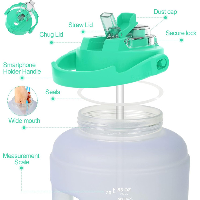 Спортивна пляшка BuildLife 2,5 л з маркуванням часу та двома кришками - без BPA - для спортзалу (2500 мл, фіолетово-зелений, 2500 мл)