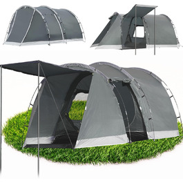 Намет для кемпінгу на 4 особи: водонепроникний тунельний намет для сім'ї та групи, з шатром для сну, сірий