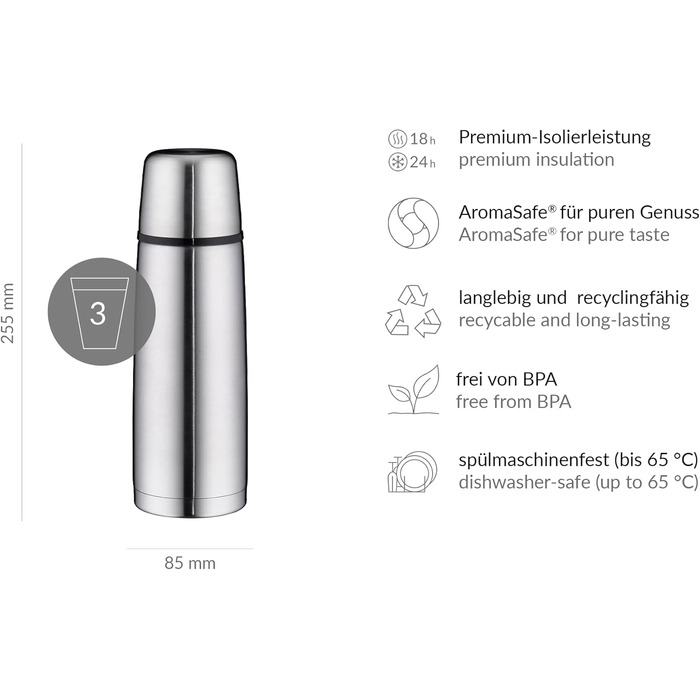 Термос alfi ISOTHERM PERFECT DV 750 мл з нержавіючої сталі з чашкою, герметичний, з гвинтовою кришкою, тримає тепло, без відбитків, довговічний, можна мити в посудомийці, без BPA