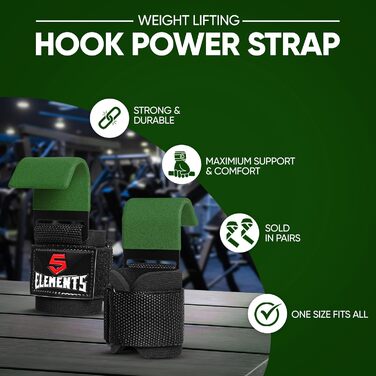 Набори для тяги 5 Element: Допоміжні петлі для силових тренувань (пара) - гачки для тяги, обладнання для чоловіків та жінок, 8 мм неопрен, для важкої атлетики, підтягувань, вправ на плечі, армійний зелений