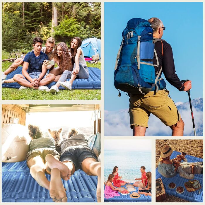 Каремат для кемпінгу Bluever самонадувний з насосом для ніг, 14 см, товстий, з подушкою. Підходить для походів, намету, відпочинку на природі, пляжу, подорожей.