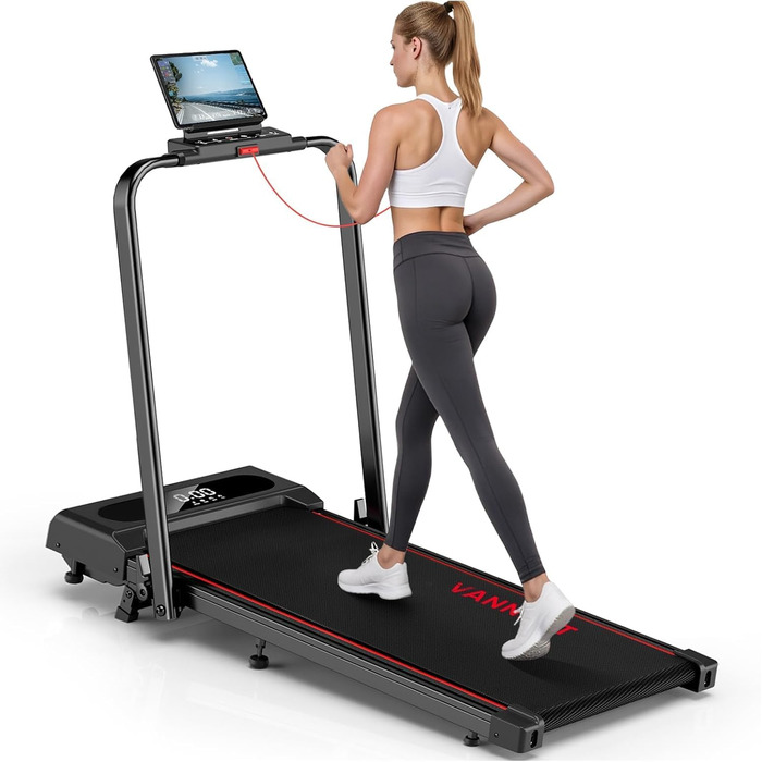 Vannect Walking Pad - складане бігове полотно для дому, 1-12 км/год, нахил 9%, LCD-дисплей, керування з пульта, додатком та ручкою, до 150 кг, чорно-синій