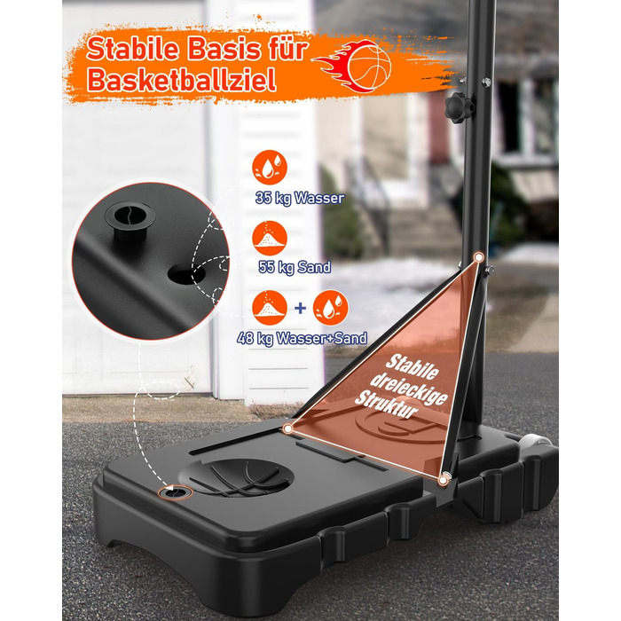 Баскетбольний кошик для вулиці, дитячий, регульована висота 150-210 см, стійка з міцною задня стінкою 80x60 см, збільшена база та колеса, чорний
