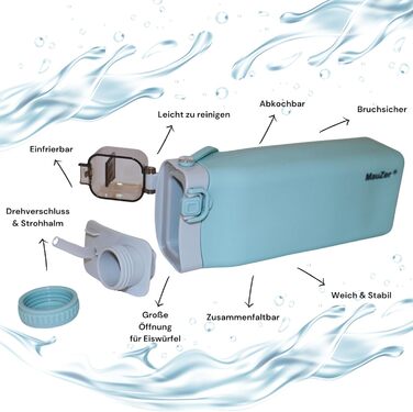 Складана пляшка для води Mauzer® з трубочкою - 600 мл, без BPA, синій. Ідеально для дітей, спорту, подорожей, кемпінгу та фестивалів.