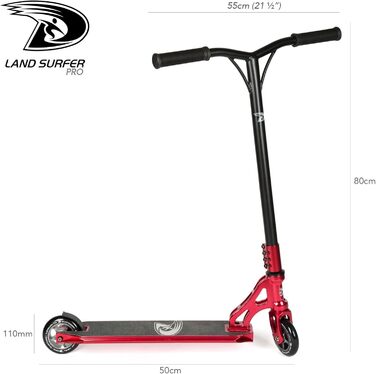 Трюковий самокат Land Surfer PRO X для дітей від 8 років і підлітків, 360° дека, 100 мм PU-колеса ABEC-9, для просунутих трюків, хромований червоний