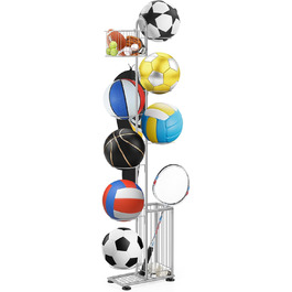 Металева стійка для м'ячів Smusei, 7-ярусна, з 2 кошиками та гачками. Організатор для баскетболу, футболу, волейболу та інших м'ячів. Сріблястий колір