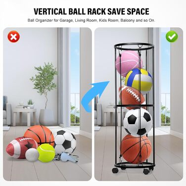 Стійка для м'ячів на колесах, органайзер для спортивного інвентарю, стійка для зберігання футболу та баскетболу, настінний тримач, знімна конструкція