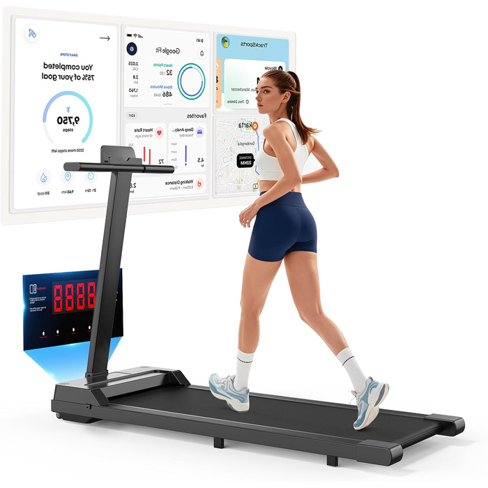 Бігова доріжка для дому Laufband, компактна, 1-8 км/год, складана, LED-дисплей, сумісна з додатком, тиха, з амортизацією, для офісу та дому