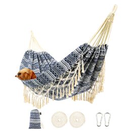 Гамак для двох з макраме бахромою Boho, біло-блакитний, бавовняний, до 227 кг, з сумкою для транспортування - для саду, веранди, відпочинку