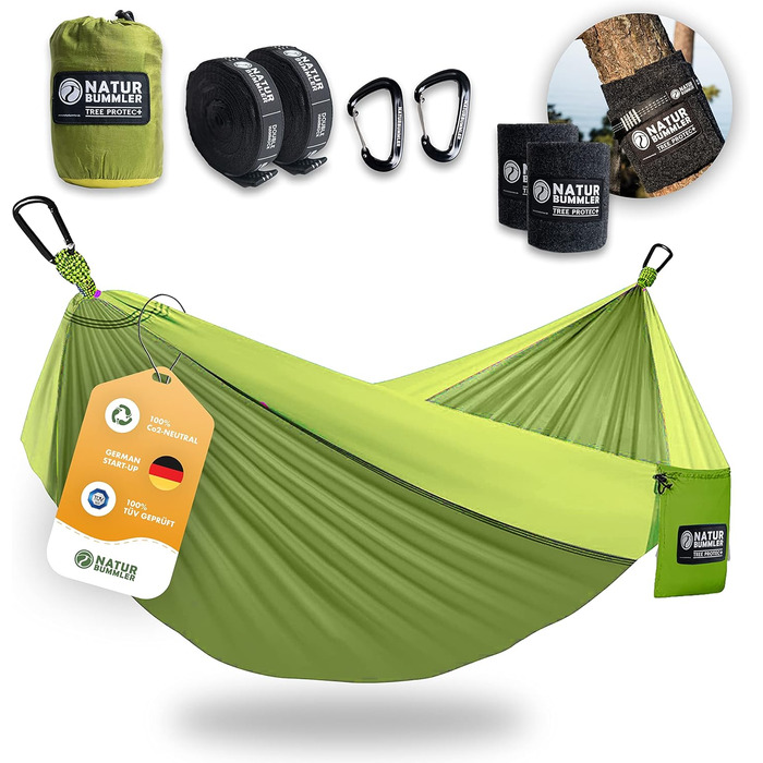 Гамак NATURBUMMLER® Outdoor з захистом для дерев [Tree Protec+] – 300x170 см, для 1-2 осіб – ультралегкий та вологостійкий – двошаровий гамак для кемпінгу, саду та відпочинку на природі (природний зелений колір)