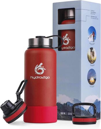 Гідрофляга hydro2go X-AlpsBottle 1 л, вакуумна термос пляшка з нержавіючої сталі, 3 кришки, герметична, для спорту та подорожей, Lava Red