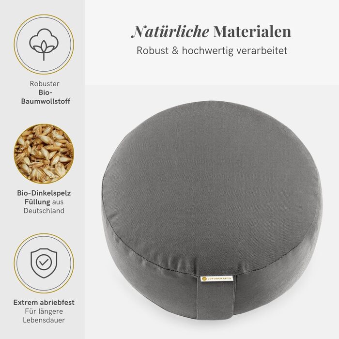 Медитаційне подушко Lotuscrafts® з висотою сидіння 15 см, подушка для йоги з пшеничною начинкою, кругла подушка для йоги, кругла подушка для медитації, знімний чохол, сертифікат GOTS