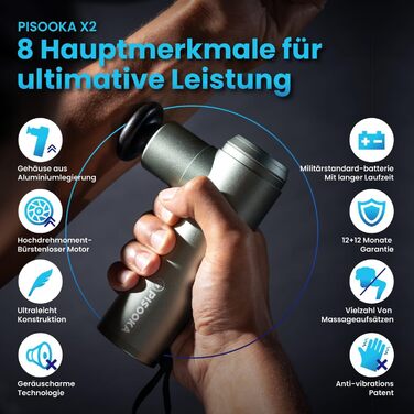 Масажер PISOOKA X2 Mini - безшумний масажний пістолет з 4 насадками для спини, плечей та ніг. 4200 RPM, 0,5 кг, USB-C, чорний