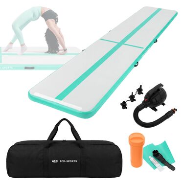 Гімнастичний мат Airtrack ECD Germany для тумблінгу та фітнесу, надувний мат для гімнастики 500x100x10 см, м'ятно-зелений, з електричним насосом та сумкою