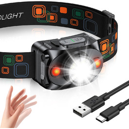 LED налобний ліхтар з акумулятором, [надзвичайно яскравий] з датчиком та червоним світлом, 6 режимів освітлення & IPX4 водонепроникність, 2000mAh, тривалий час роботи, для кемпінгу, риболовлі, походів, нічного бігу