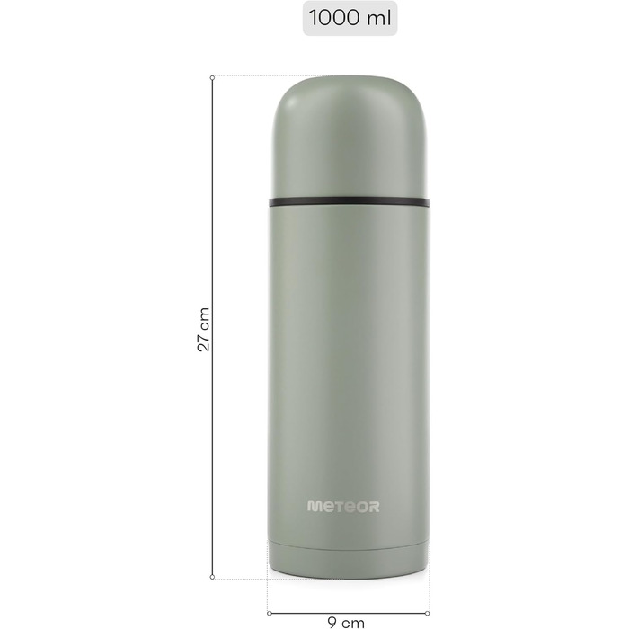 Термос-термочашка METEOR 1л і 750 мл, нержавіюча сталь, BPA-free, ізоляційна пляшка з 2 чашками для дітей і дорослих, колір хакі