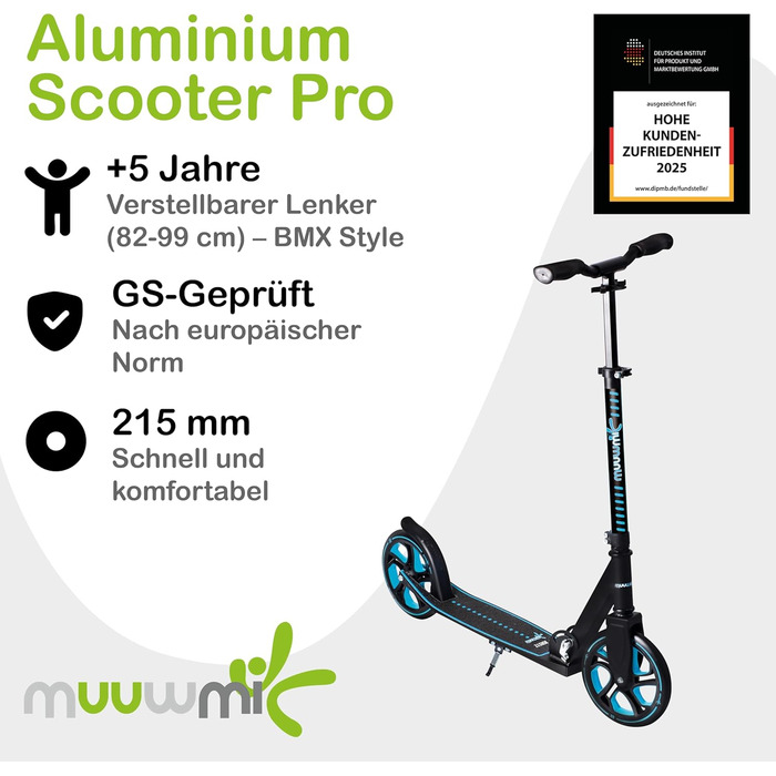Скутер Muuwmi Pro з алюмінію – для дітей та дорослих, 215 мм, ABEC 7, регульована висота, блакитний, сертифікат GS