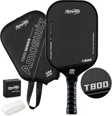 Ракетка для піклболу Amoswiz з карбону, 16 мм, T800 термоформована, для обертання, потужності та контролю, з чохлом та ластиком, подарунок для професіоналів та початківців (чорний)