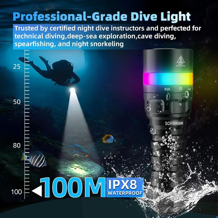 Sofirn SD08 водонепроникний ліхтар-фара, 3200 лм, IPX8, для підводного плавання, 100 метрів, з сигнальним кільцем